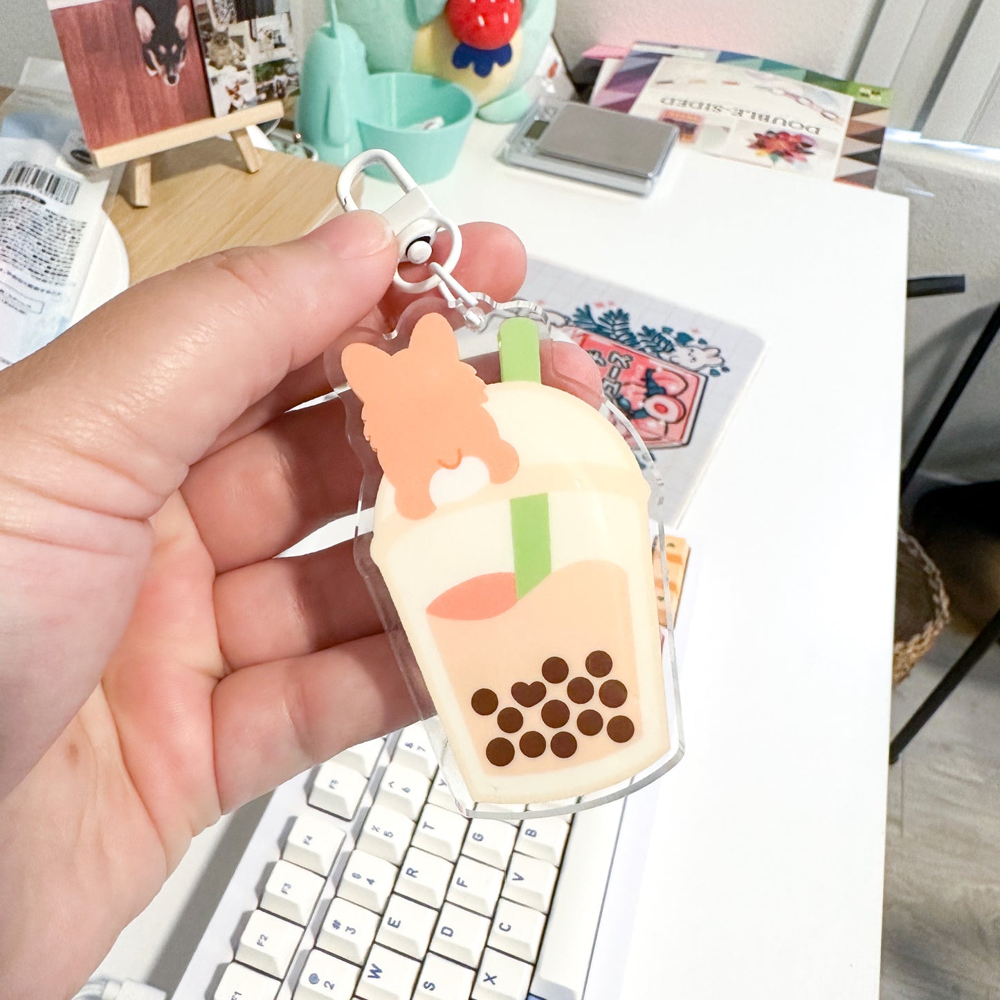 Milk Tea Boba Corgi Shaker Keychain