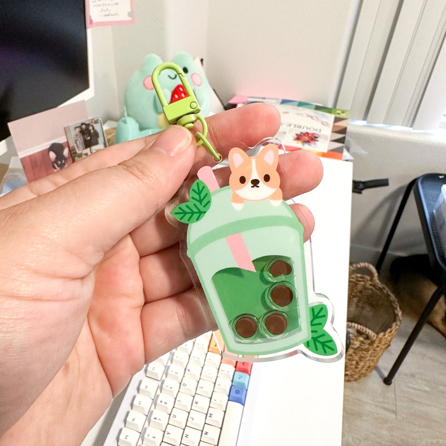 Matcha Boba Corgi Shaker Keychain